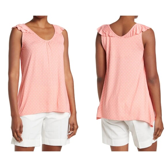 Ellen Tracy Sleeveless Lounge Shirt V-Neck Coral Polka Dot Women's X-Small - Picture 3 of 12